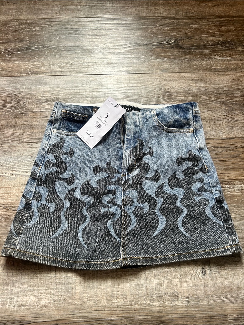 Akira Denim Flame-Print A-Line Skirt - Blue